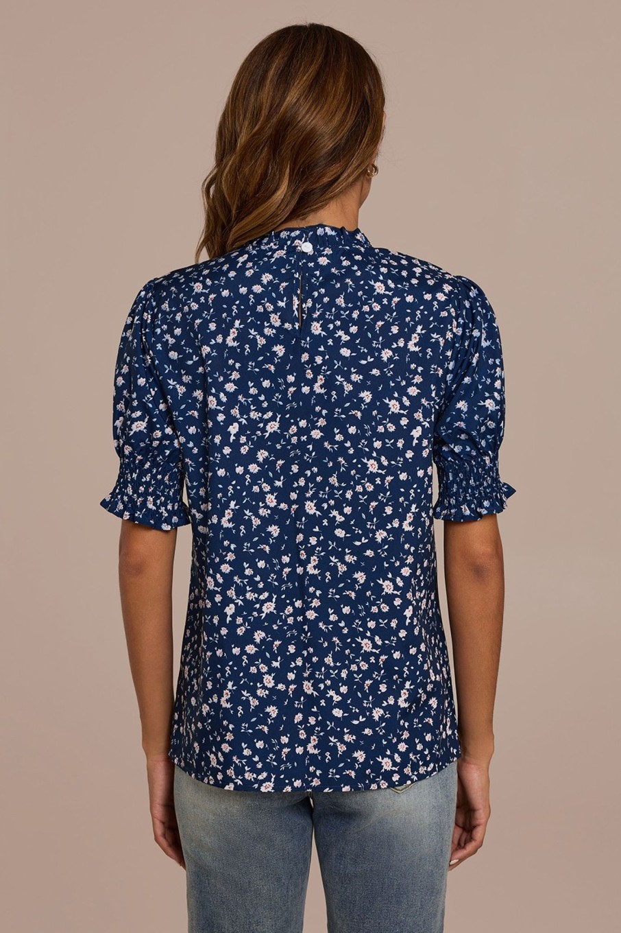 Online Floral Short Elastic Cuff Sleeve High Neck Blouse Navy