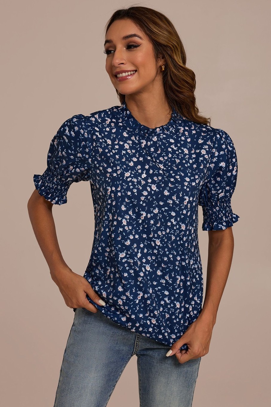 Online Floral Short Elastic Cuff Sleeve High Neck Blouse Navy