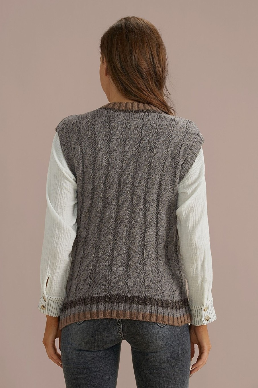 Online V Neck Cable Knit Sweater Vest Rosybrown