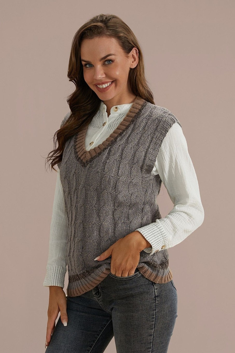 Online V Neck Cable Knit Sweater Vest Rosybrown