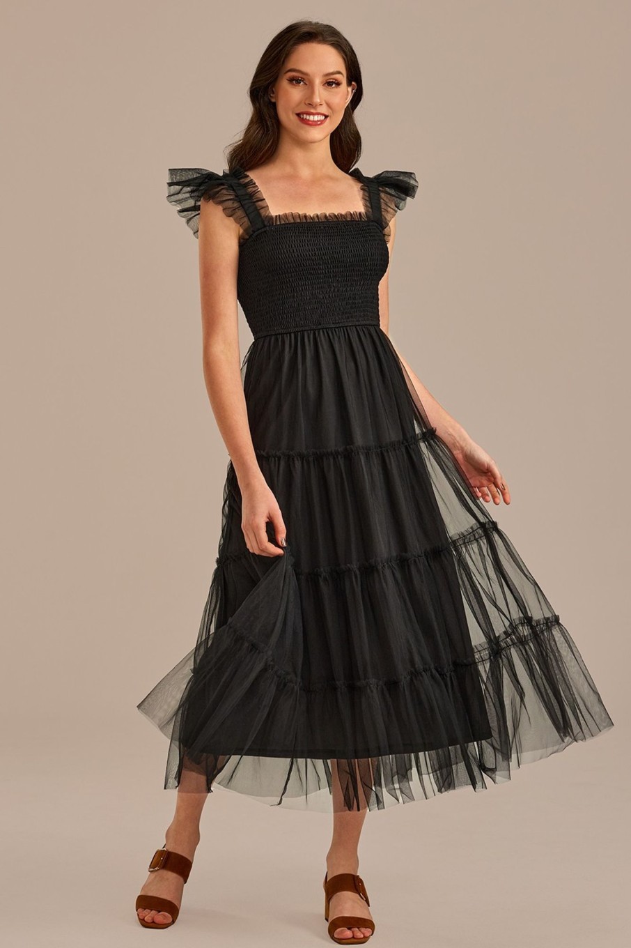 Online Ruffle Sleeveless Smocked Tiered Midi Dress Black