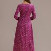 Best Floral Long Sleeve Round Neck Maxi Dress Red Violet