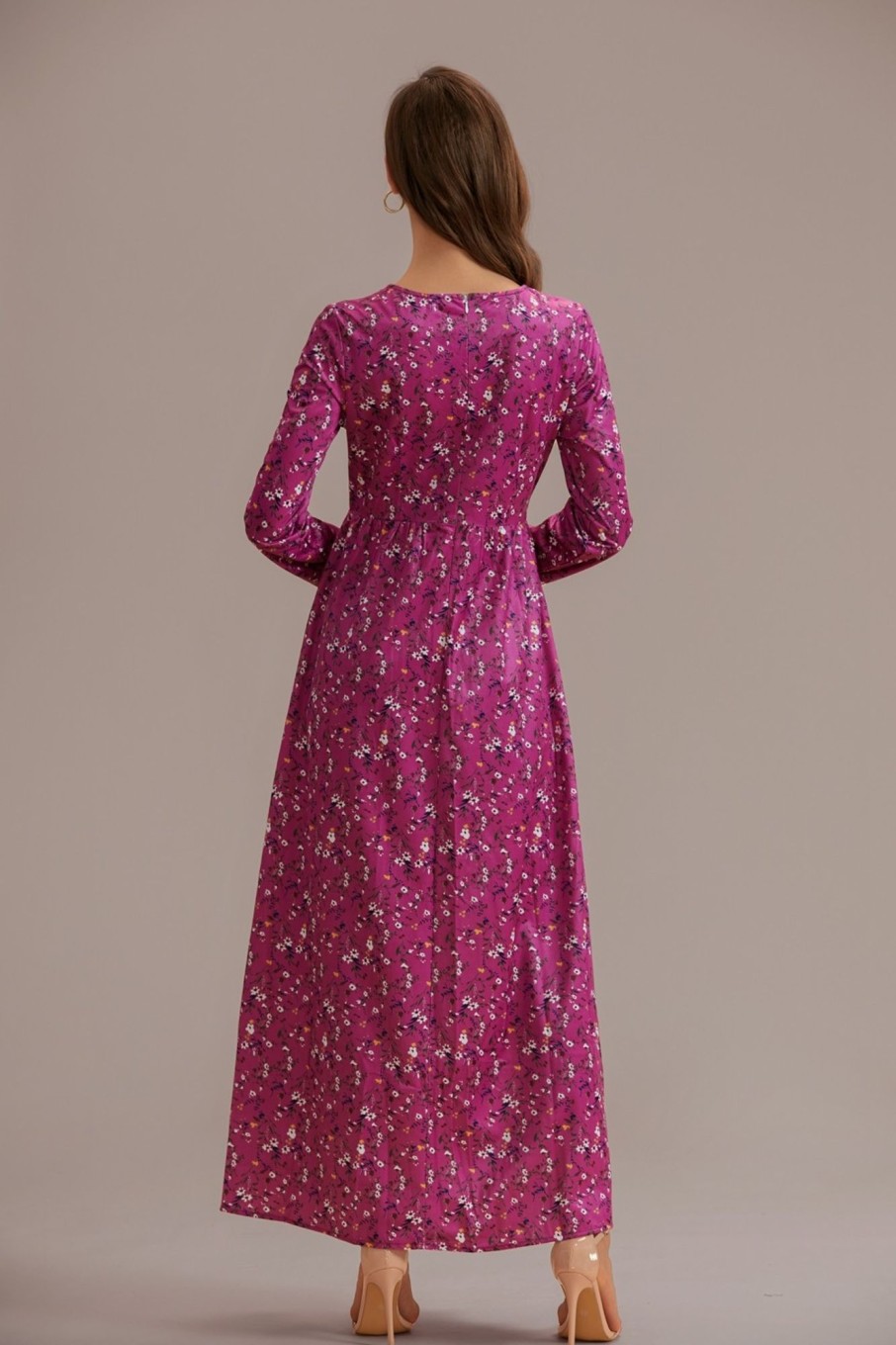 Best Floral Long Sleeve Round Neck Maxi Dress Red Violet