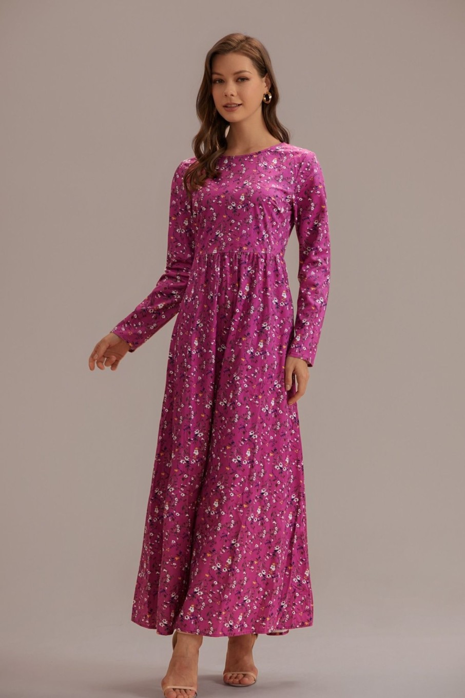 Best Floral Long Sleeve Round Neck Maxi Dress Red Violet