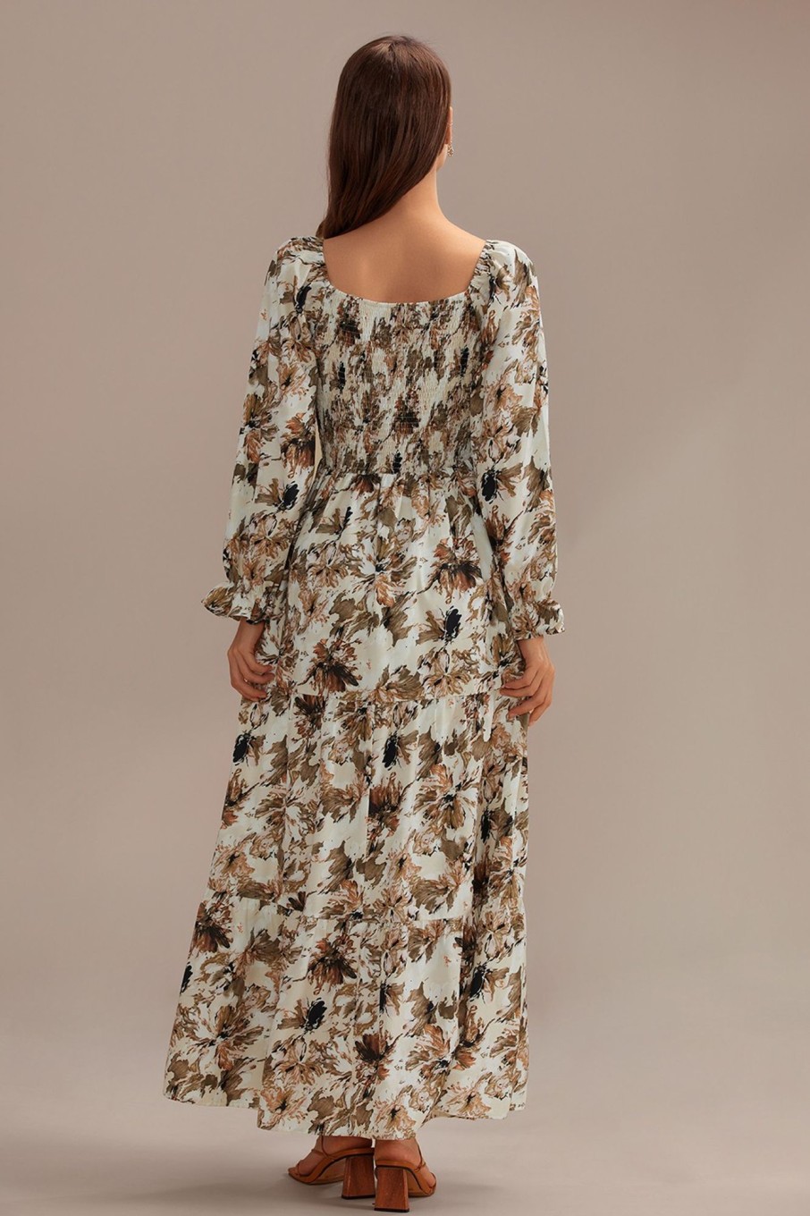 Wholesale Floral Print Long Sleeve Square Neck Smocked Tiered Maxi Dress Multi