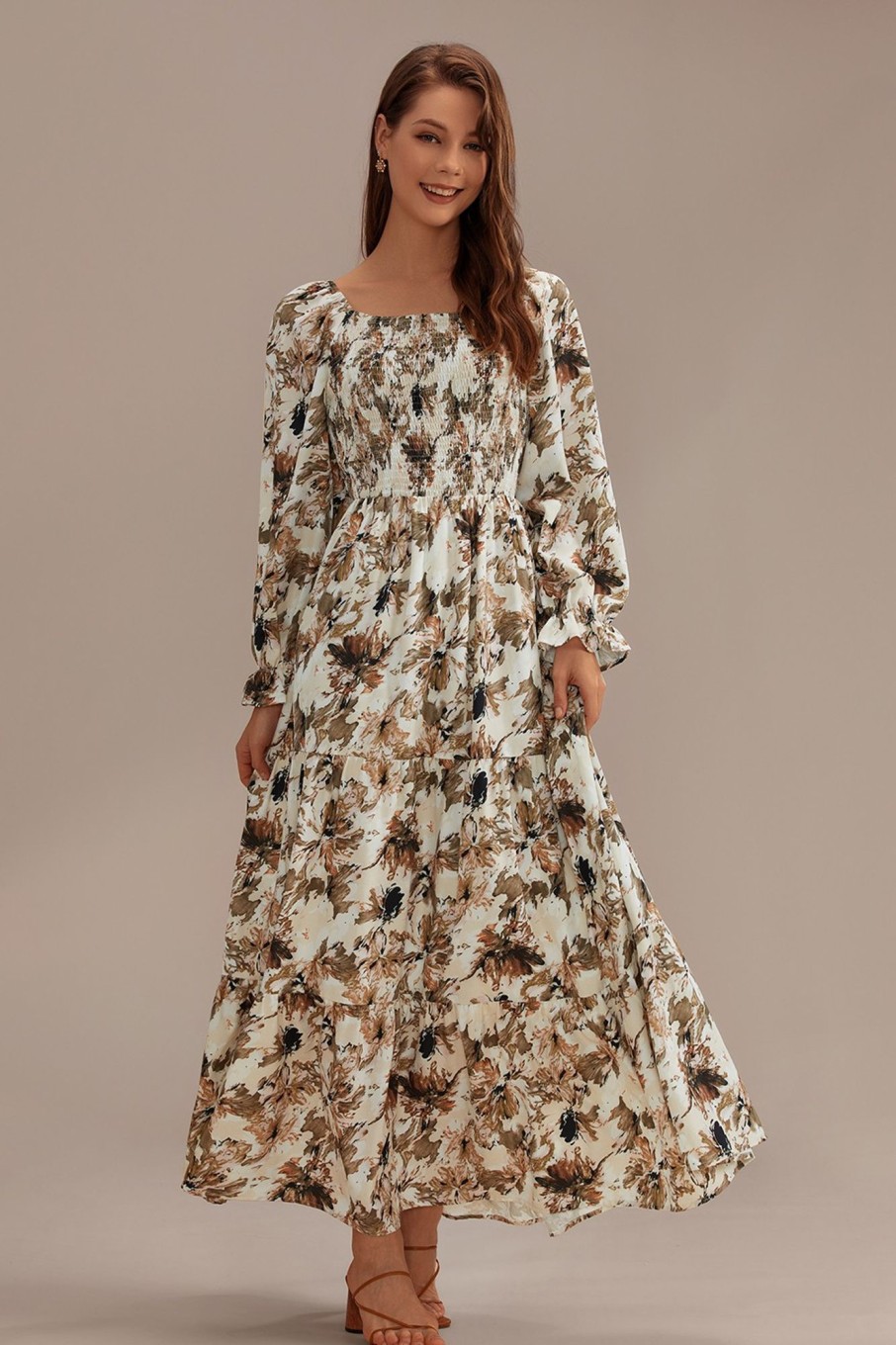 Wholesale Floral Print Long Sleeve Square Neck Smocked Tiered Maxi Dress Multi