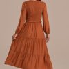 Best Long Puff Sleeve V Neck Smocked Tiered Midi Dress Rust