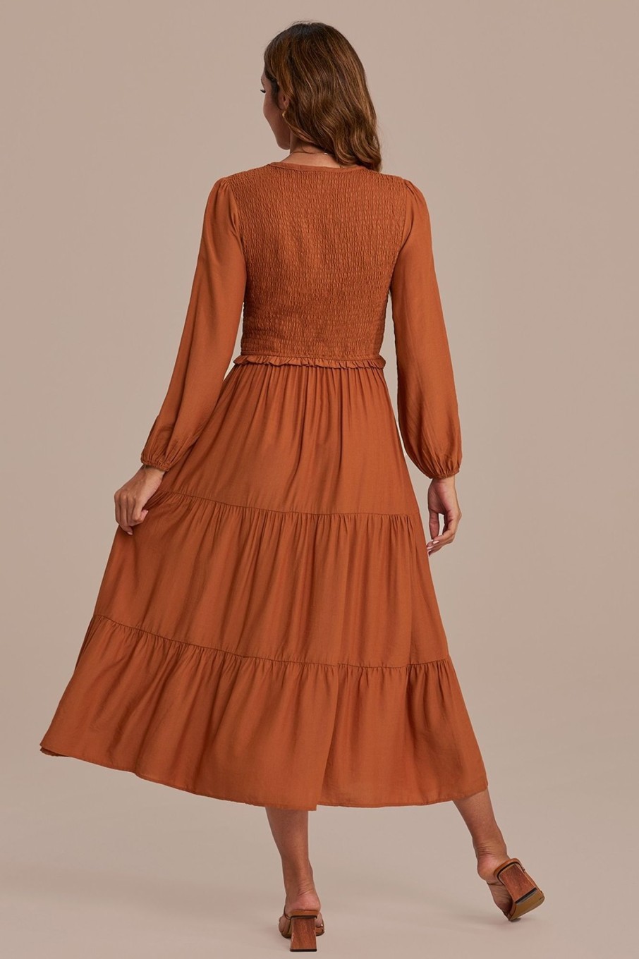 Best Long Puff Sleeve V Neck Smocked Tiered Midi Dress Rust