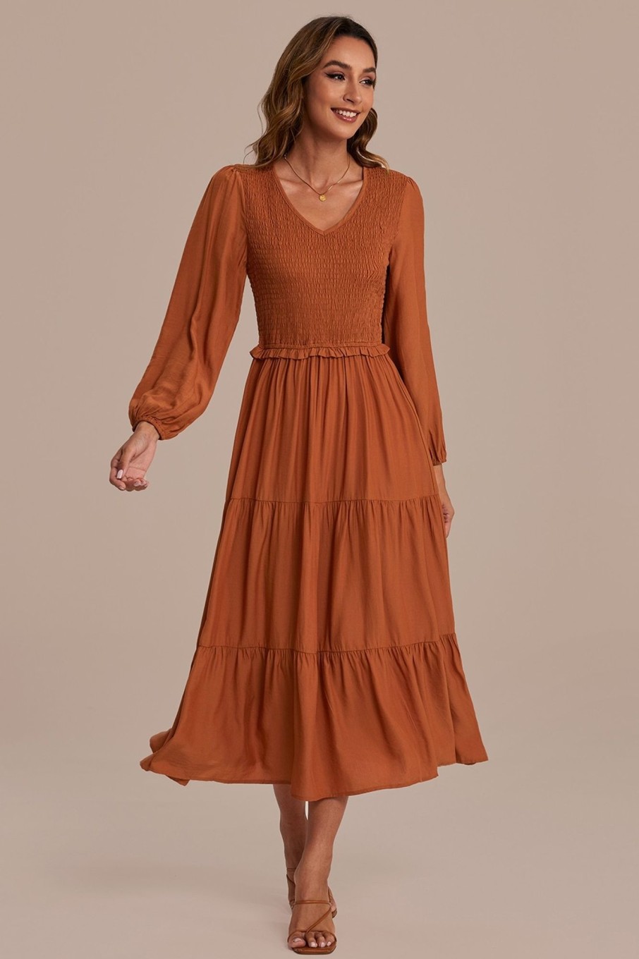 Best Long Puff Sleeve V Neck Smocked Tiered Midi Dress Rust