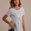 Wholesale Striped Round Neck Cross Back Peplum Top Blue