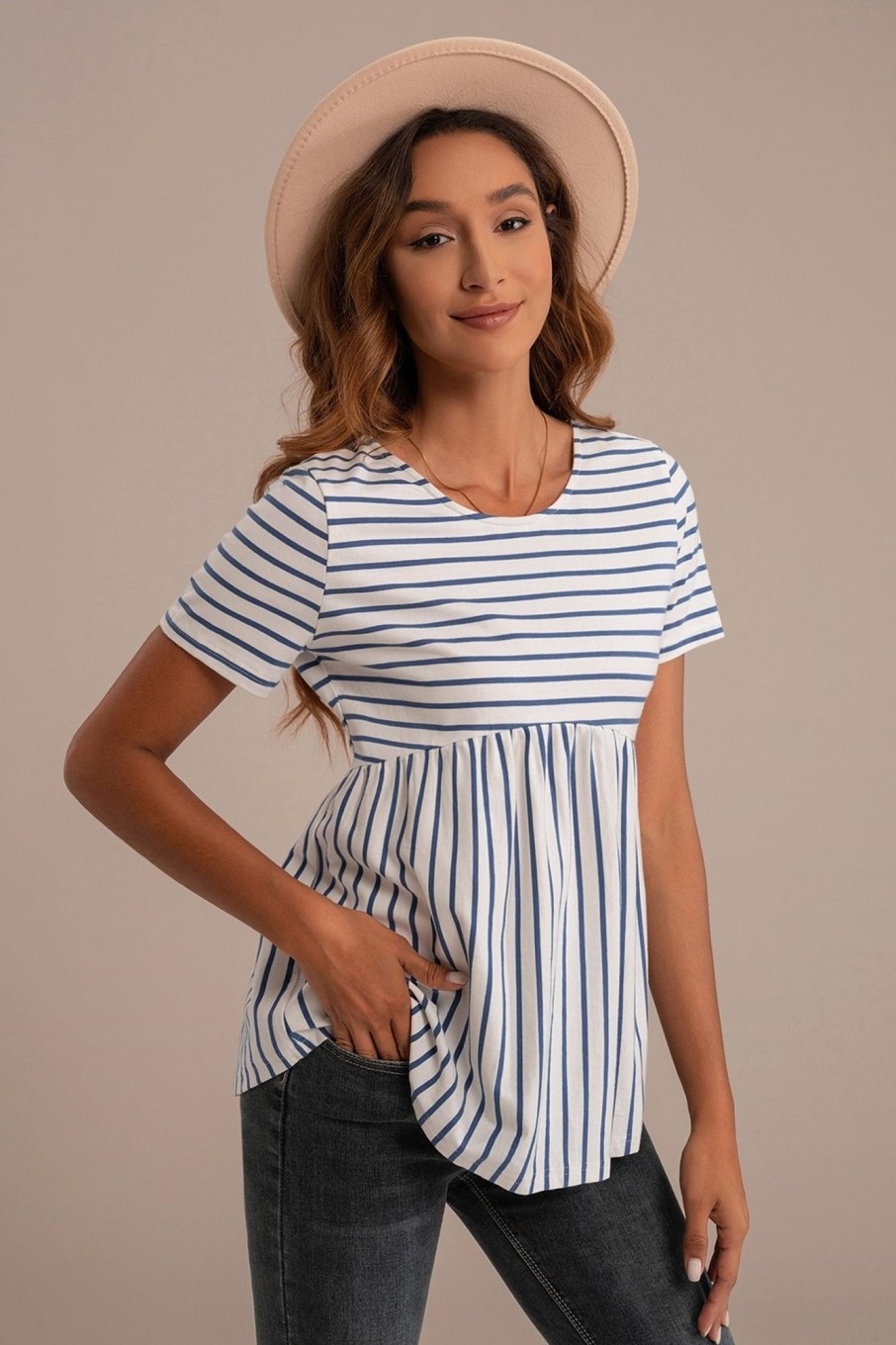 Wholesale Striped Round Neck Cross Back Peplum Top Blue