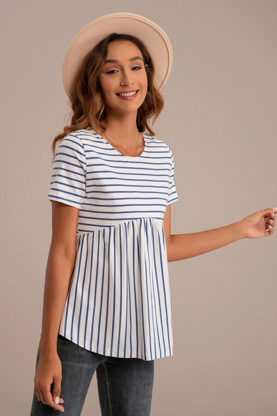 Wholesale Striped Round Neck Cross Back Peplum Top Blue