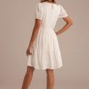 Online Short Emmbroidery Sleeve Round Neck Tiered Midi Dress White