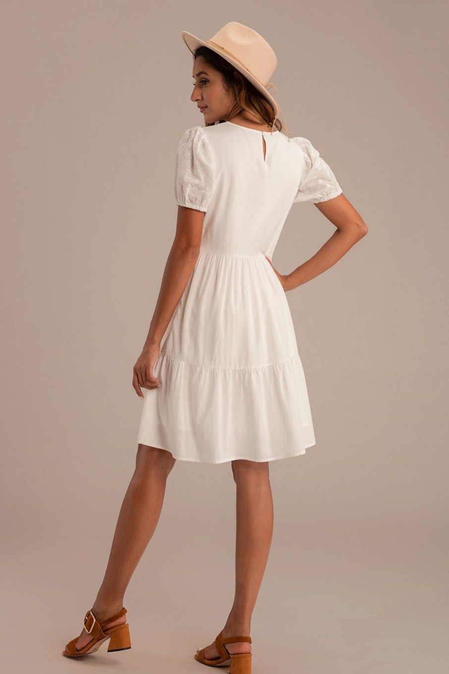 Online Short Emmbroidery Sleeve Round Neck Tiered Midi Dress White