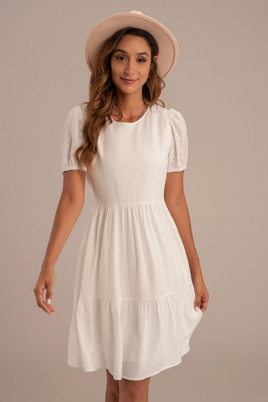 Online Short Emmbroidery Sleeve Round Neck Tiered Midi Dress White