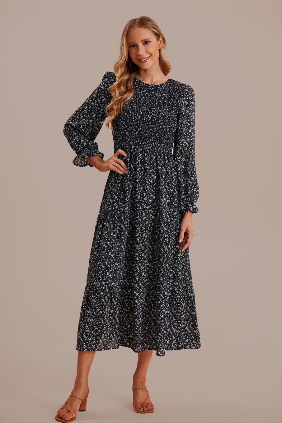 New Floral Ruffle Sleeve Round Neck Maxi Dress Black