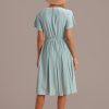 Wholesale Blue Embroidery Flowers Round Neck Short Sleeve Midi Dress Sage