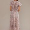 Clearance Floral Long Sleeves V Neck Smocked Tiered Maxi Dress Mauve