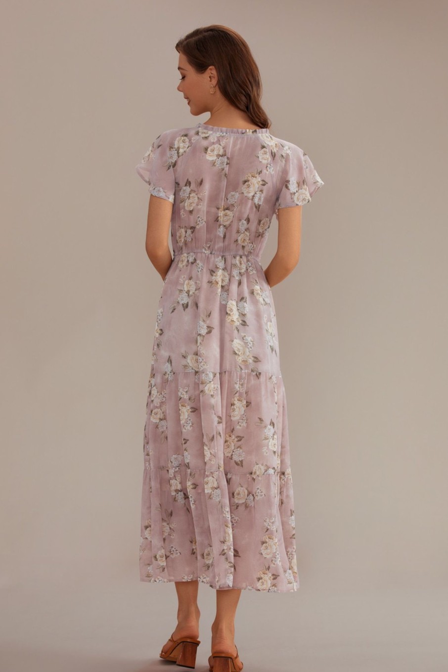 Clearance Floral Long Sleeves V Neck Smocked Tiered Maxi Dress Mauve