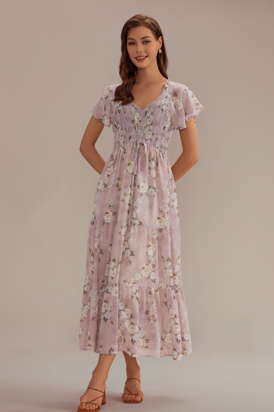 Clearance Floral Long Sleeves V Neck Smocked Tiered Maxi Dress Mauve