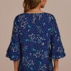 Wholesale Dark Blue Half Trumpet Sleeve Round Neck Blouse Multi