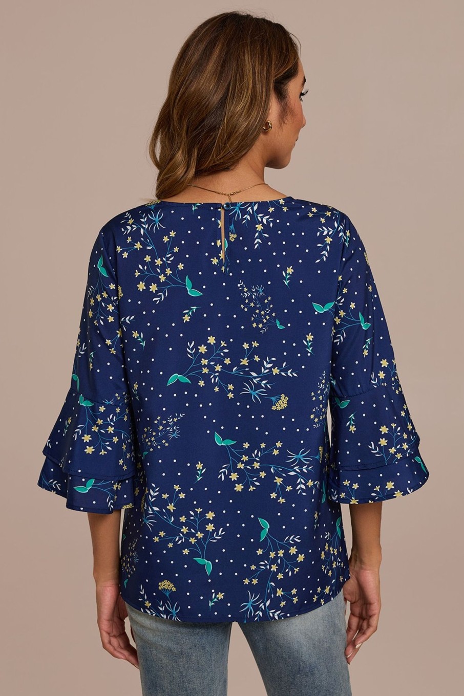 Wholesale Dark Blue Half Trumpet Sleeve Round Neck Blouse Multi