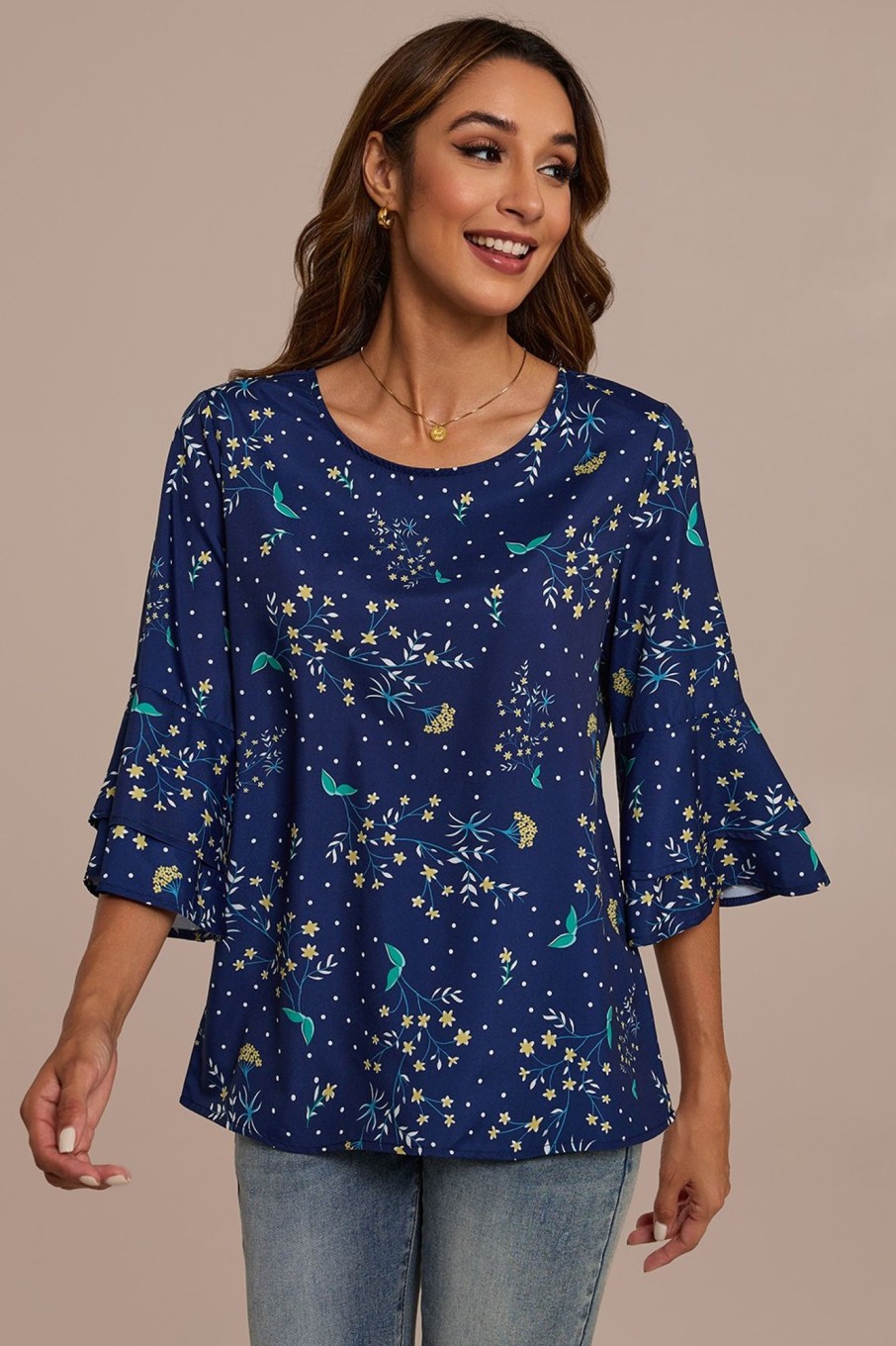 Wholesale Dark Blue Half Trumpet Sleeve Round Neck Blouse Multi