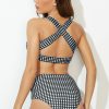 Hot Gingham Knotted Wide Straps Cross Back Mid Waist Bikini Set Black&White