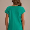 Online V Neck Short Sleeve Embroidery Tee Green