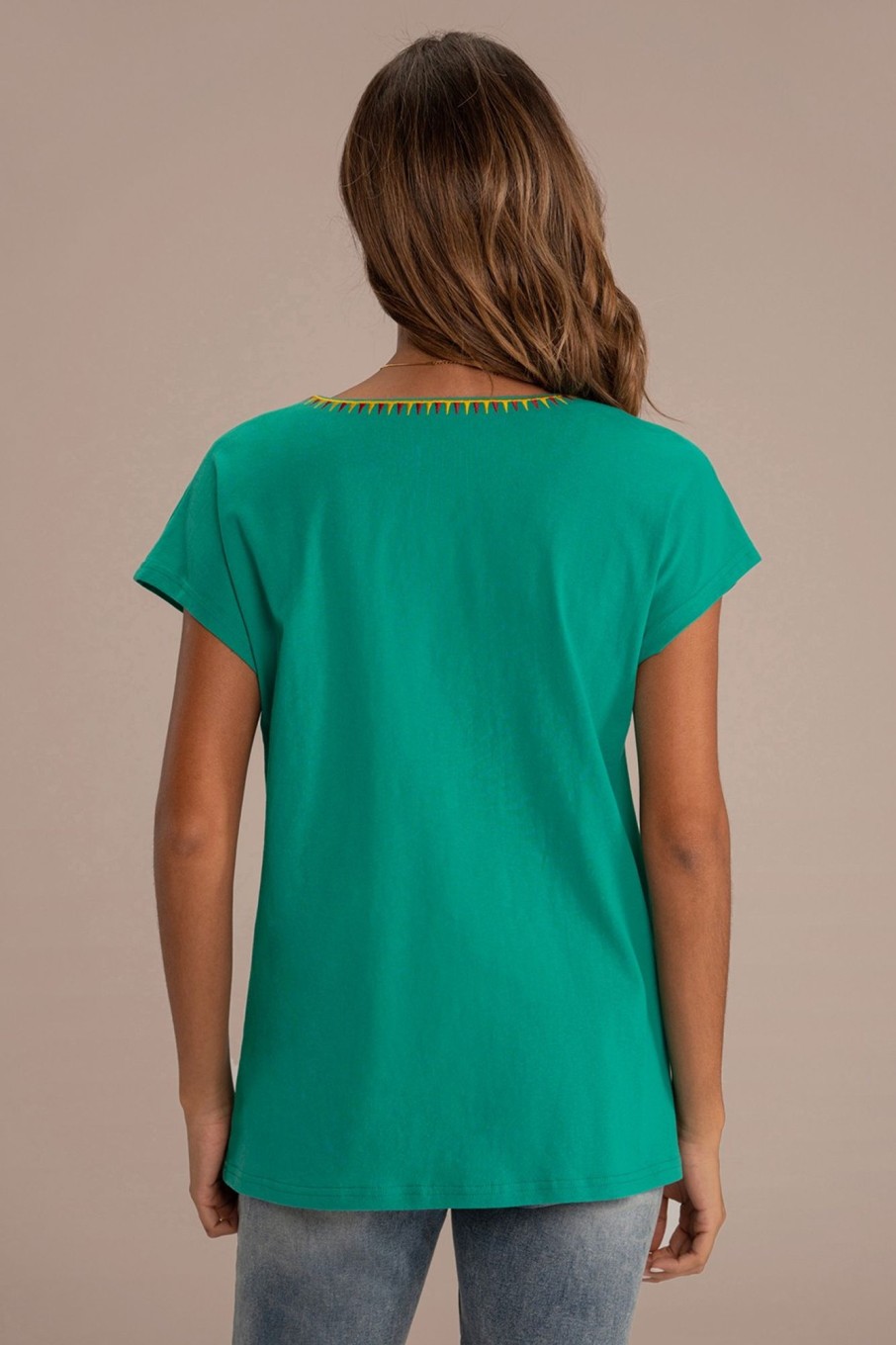 Online V Neck Short Sleeve Embroidery Tee Green