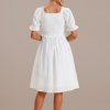 Wholesale Short Puff Sleeve Square Neck Smocked Midi Dress White