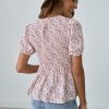 Hot Floral Shirring Ruffle Short Sleeve Round Neck Shirt As Picture