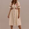 Online Half Sleeve V Neck Cotton Embroidered Midi Dress White