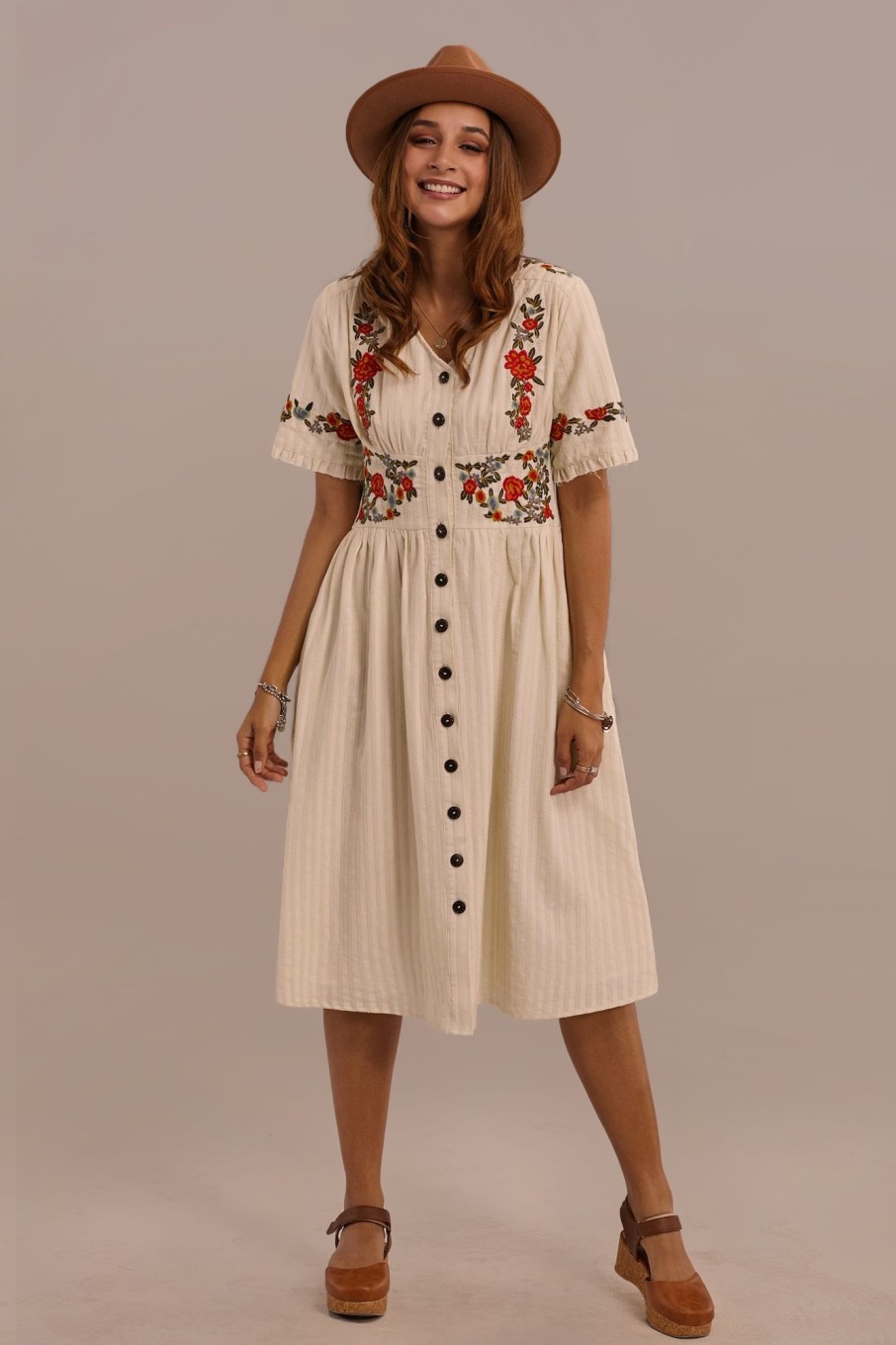 Online Half Sleeve V Neck Cotton Embroidered Midi Dress White