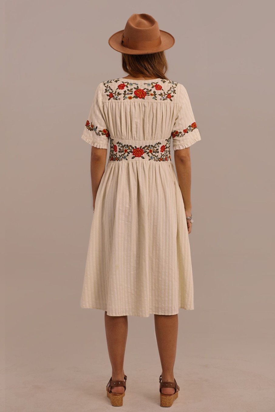 Online Half Sleeve V Neck Cotton Embroidered Midi Dress White