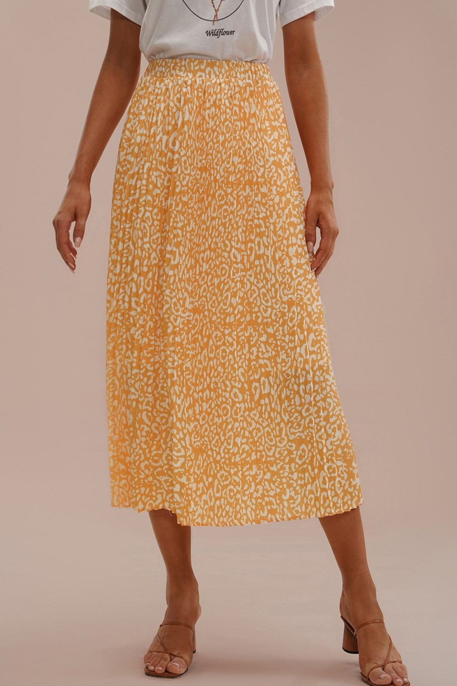 Hot Pleated Elastic Waist Midi Skirt Yellow