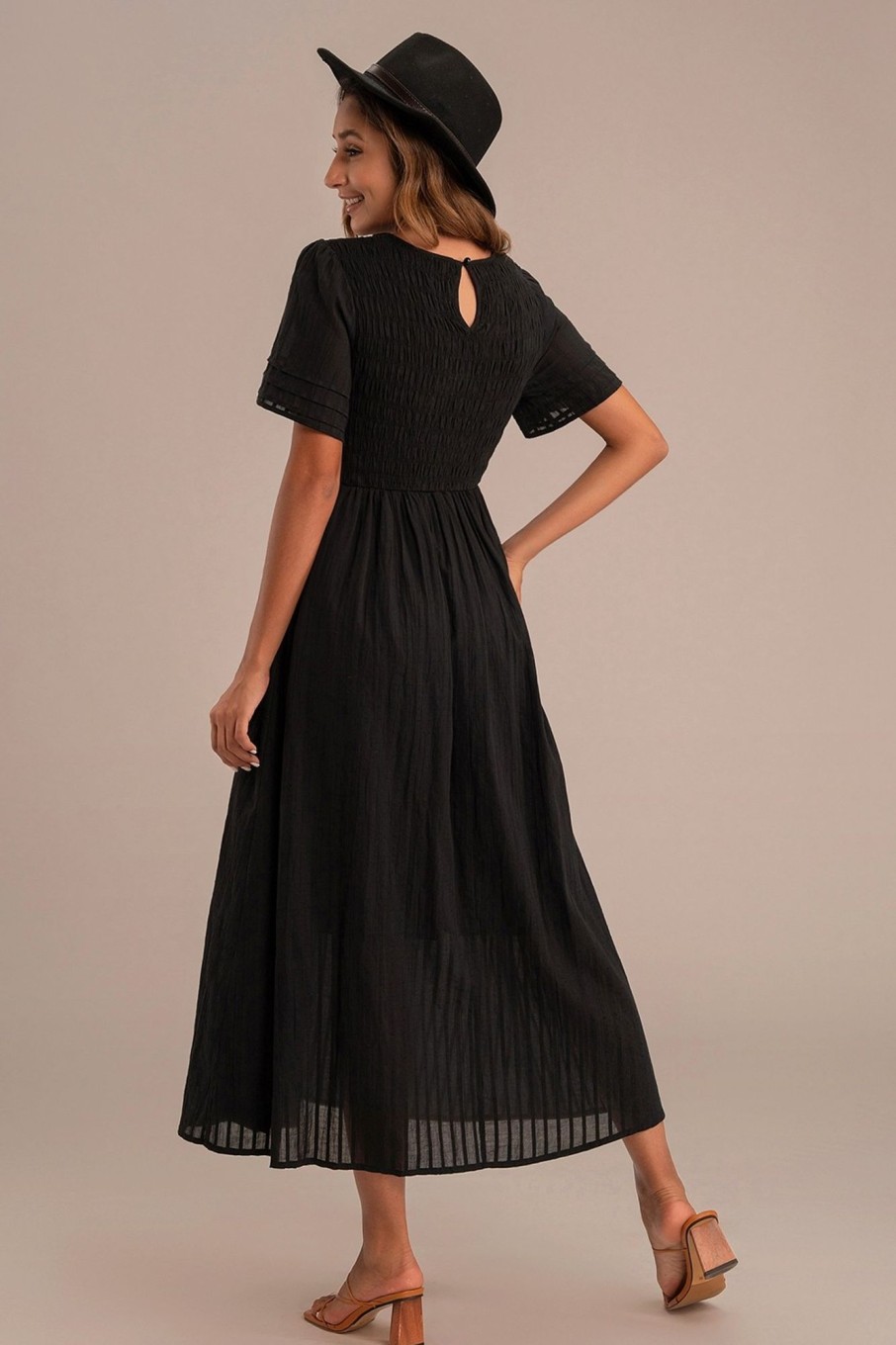 Best Short Sleeve Round Neck High Waist Maxi Dress Black