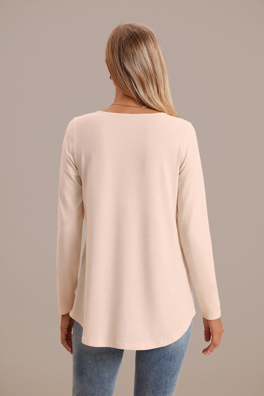 Wholesale Long Sleeve Round Neck Buttons Top Beige