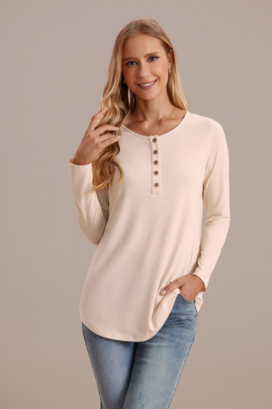 Wholesale Long Sleeve Round Neck Buttons Top Beige