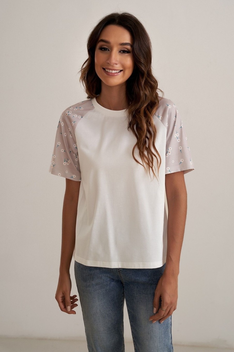 New Floral Short Sleeve Round Neck Shirt White