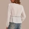 Online Long Sleeve V Neck Spliced Tie Front Cutout Blouse White