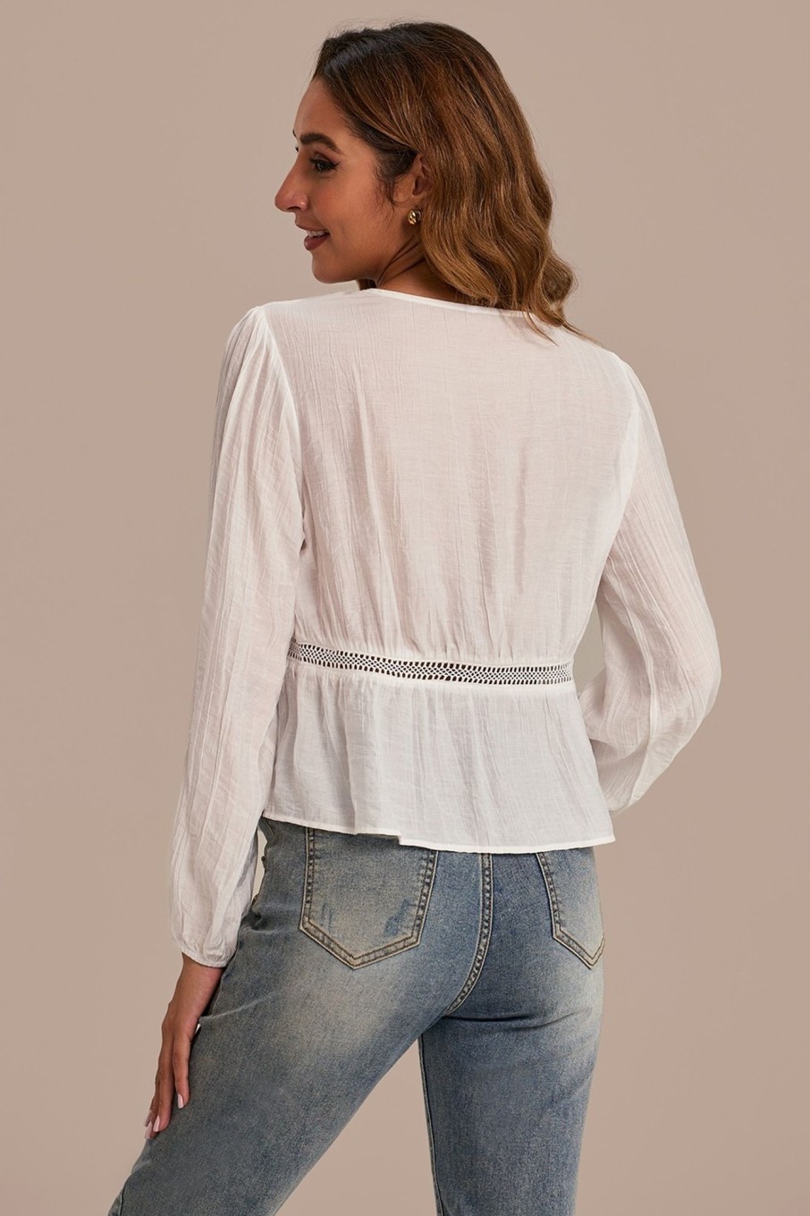 Online Long Sleeve V Neck Spliced Tie Front Cutout Blouse White