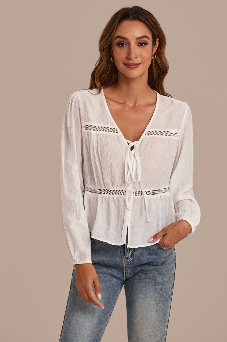 Online Long Sleeve V Neck Spliced Tie Front Cutout Blouse White