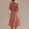 Wholesale Swiss Dots Half Sleeve Round Neck Smocked Embroidery Midi Dress Salmon