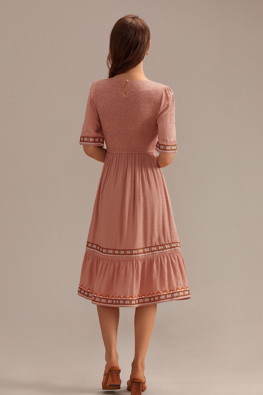 Wholesale Swiss Dots Half Sleeve Round Neck Smocked Embroidery Midi Dress Salmon