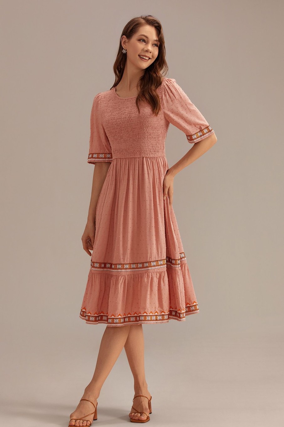 Wholesale Swiss Dots Half Sleeve Round Neck Smocked Embroidery Midi Dress Salmon