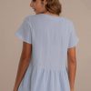 Hot Short Sleeve V Neck Functional Buttons Top Blue