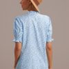 Best Floral Ruffle High Neck Smocked Blouse Blue