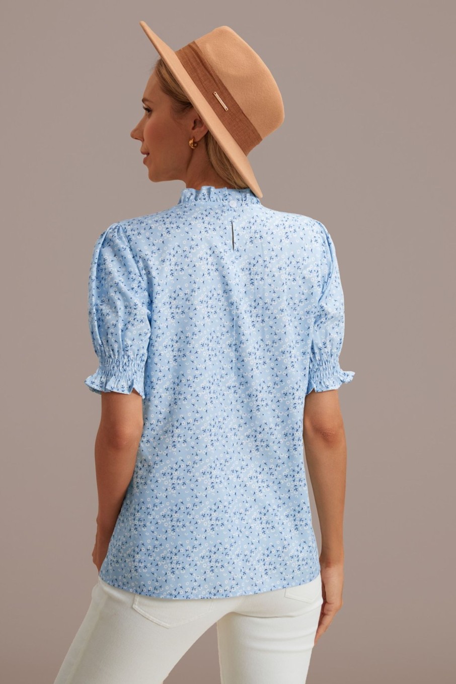 Best Floral Ruffle High Neck Smocked Blouse Blue