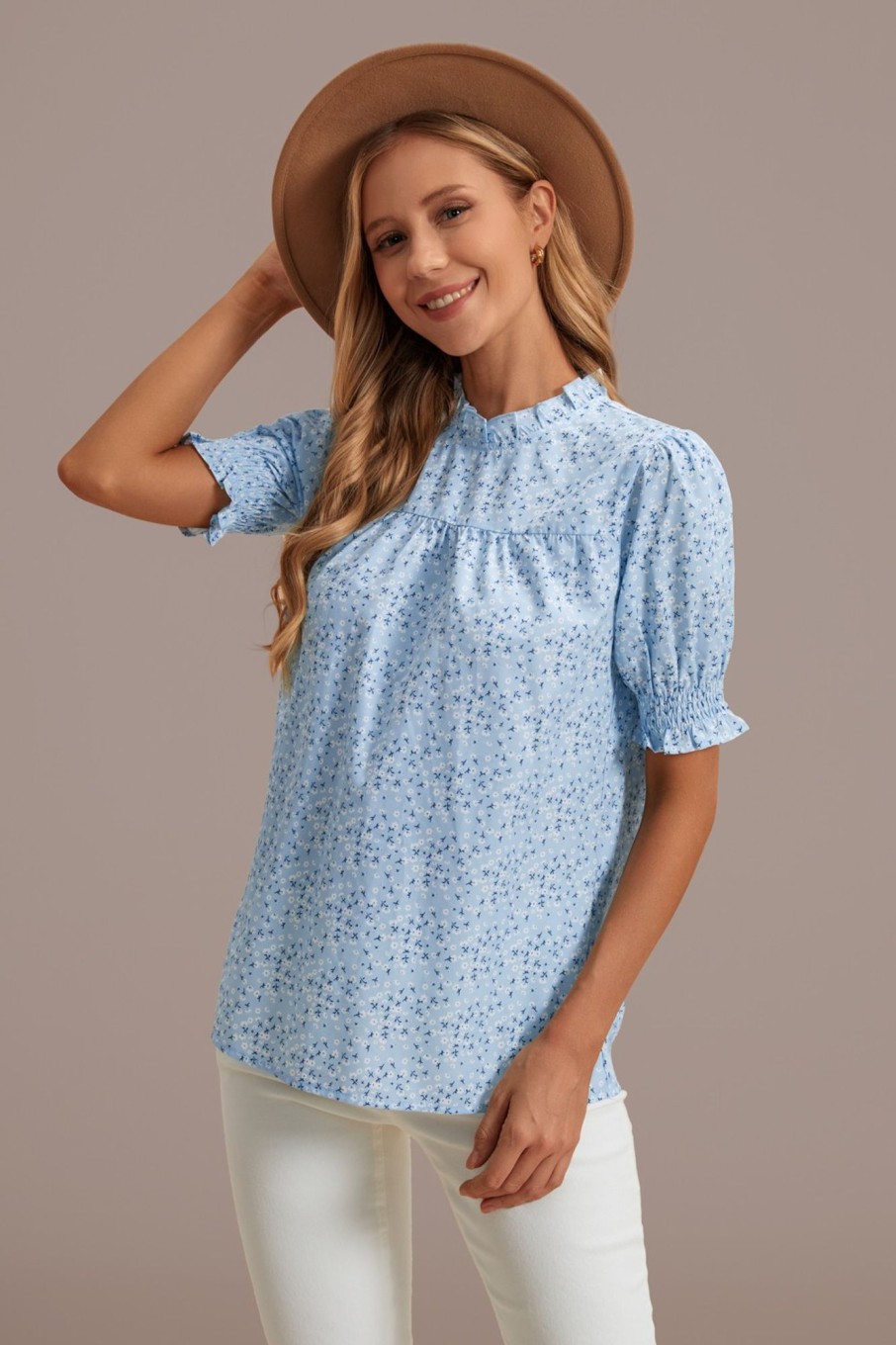 Best Floral Ruffle High Neck Smocked Blouse Blue